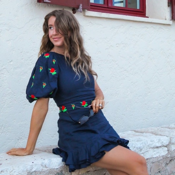 Fanm Mon Navy Flame Linen One Sleeve Ruffle Hem Floral Embroidery Mini Dress NWT - Picture 1 of 16